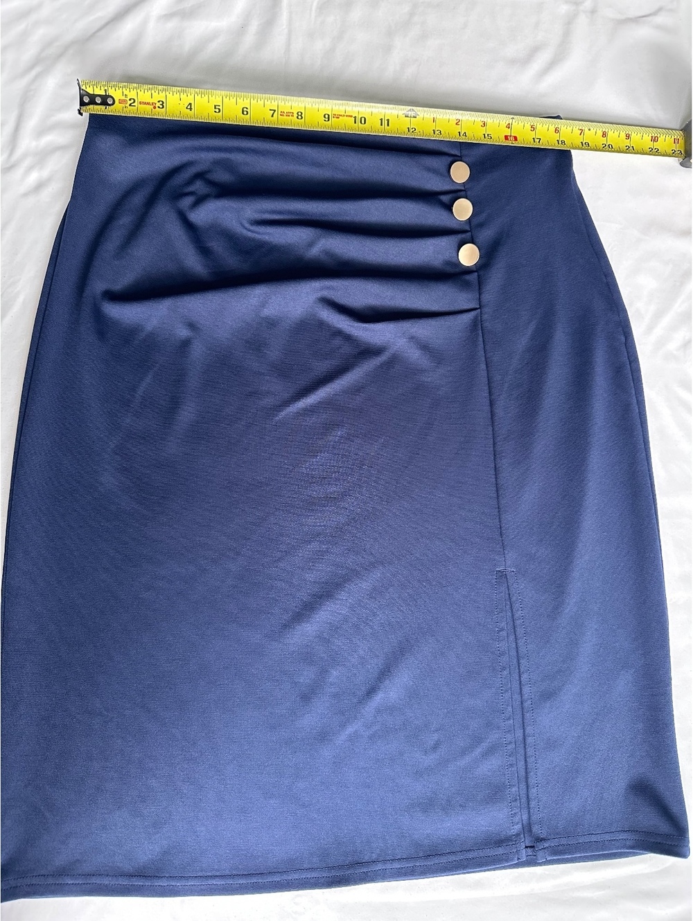 Hanna Nikole Plus Size 16W Ruched Midi Pencil Skirt Gold Button Navy